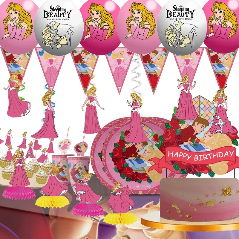 cartoon sleeping beauty theme Princess party supplies  cup plate disposable tableware tablecloth topper wedding party decoration