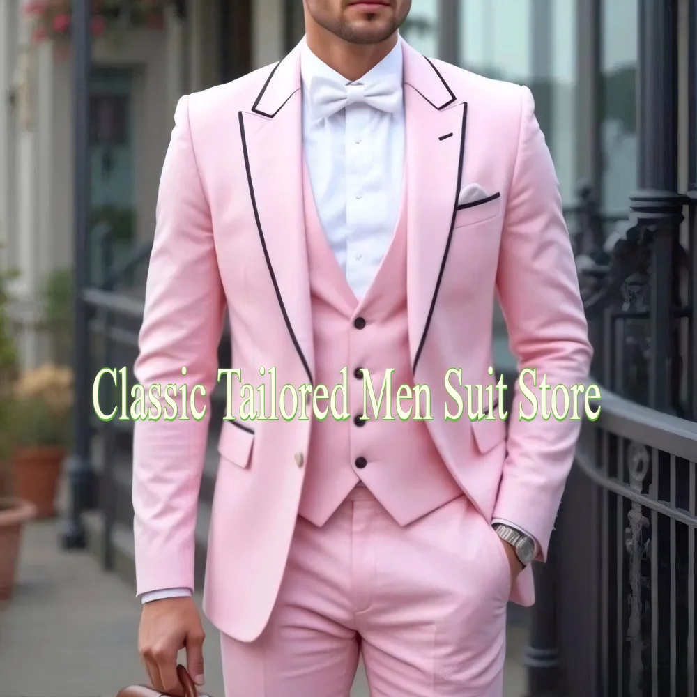 

Tuxedo Pink Men Suits Blazer Terno Double Breasted Peaked Lapel Jacket Wedidng Full Set 3 Piece Jacket Pants Vest