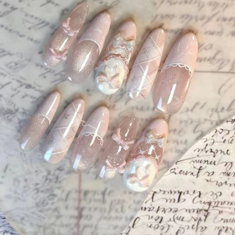 Uñas postizas de lujo hechas a mano, largas, en forma de ataúd, ojo de gato, francesas, con moño coqueto, estrella, diamante y perlas, dulces y reutilizables 2