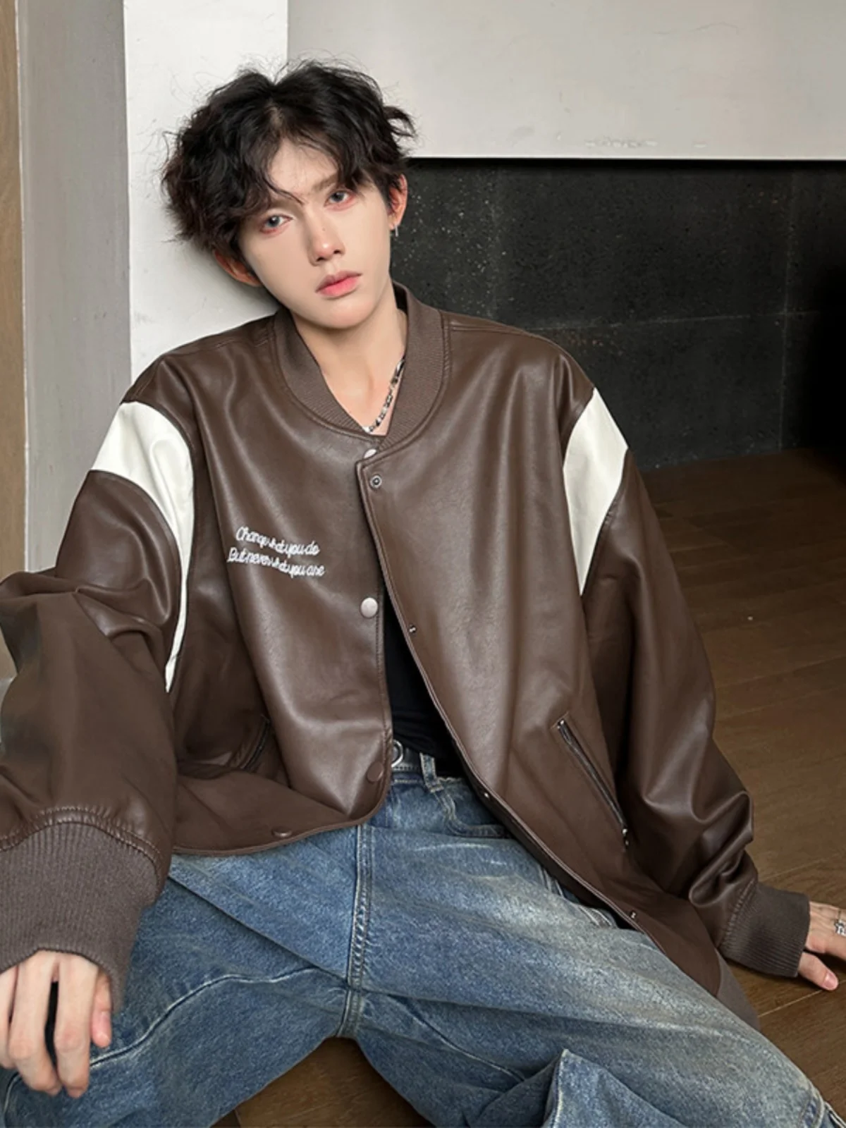 

Мужской жилет из искусственной кожи в корейском стиле, свободный крой, с воротником-стойкой, осенняя повседневная молодежная одежда