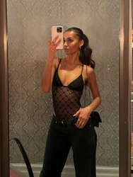 Mesh Bodysuits For Women Fashion Sexy Streetwear Straps Sleeveless O-Neck Skinny See Though Rompers Female Sheath Jumpsuits Slim