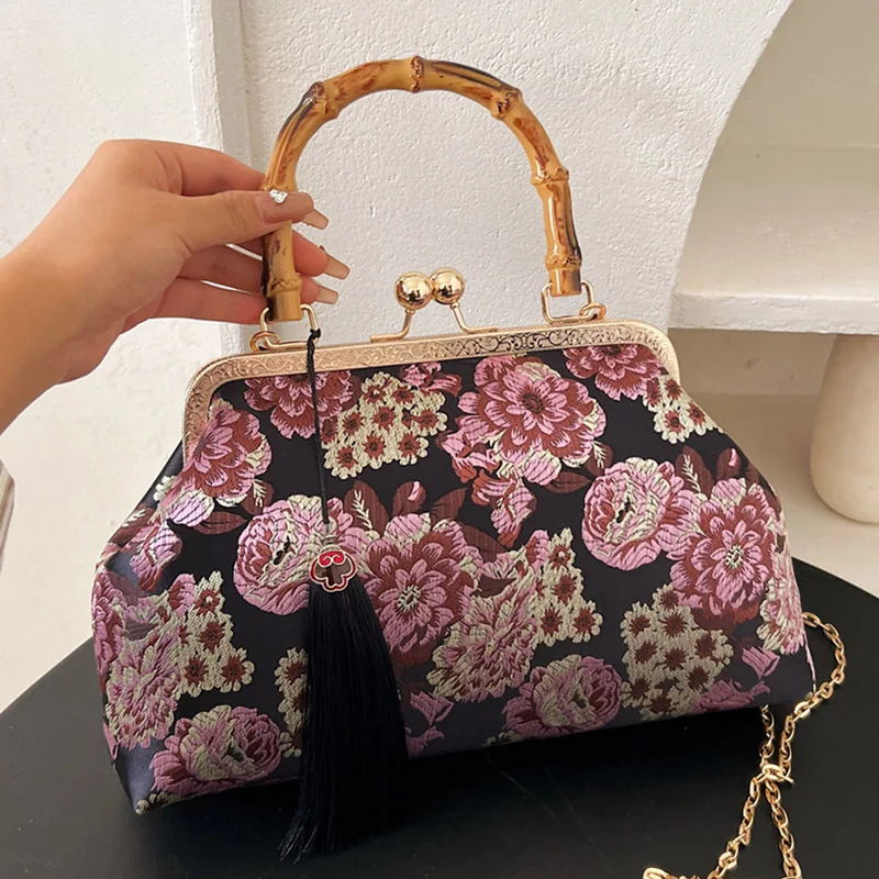 Vintage Women Gray Tassel Lock Shell Clip Designer Chain Shoulder Bags Flower Crossbody Bags Handmade Pink Handbags And Purses