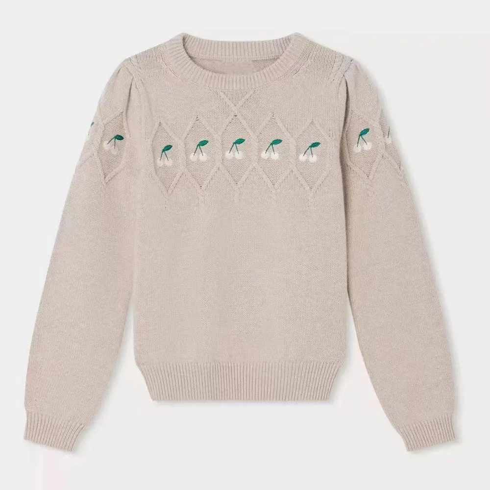 kids girls clothes baby sweaters soft knitted pullover French style cherry patterned knitted sweater
