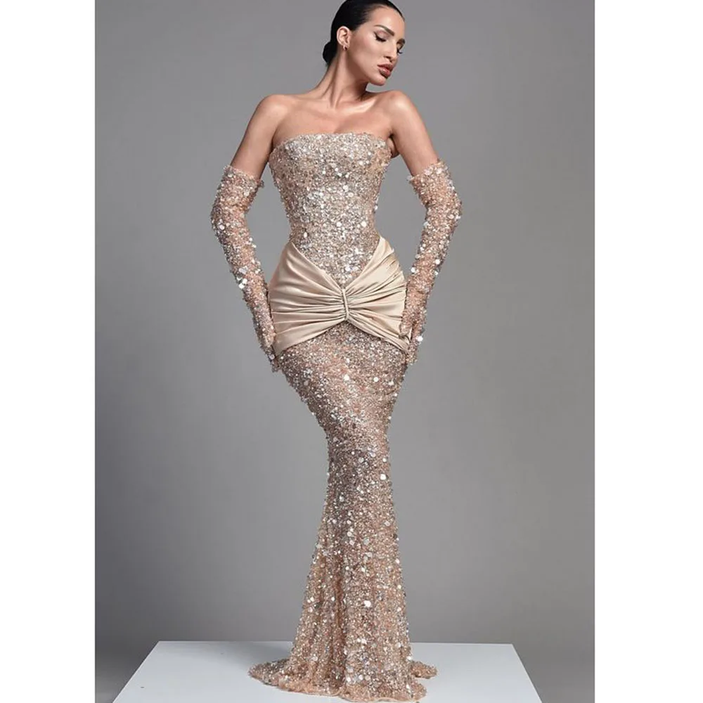 Exquisite Champagne Evening Party Dresses Strapless Sleeveless Trumpet Floor Length Slim Fit Shiny Sequin Women Prom Gowns