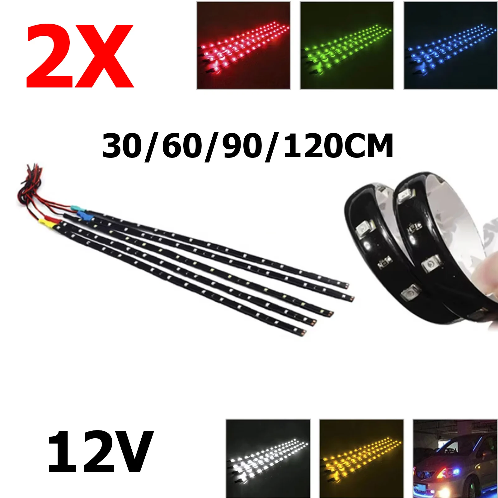 2PCS 30/60/90/120cm Bendable LED Strip Interior Strips Light Waterproof Outdoor Atmosphere 12V Multicolor DRL SMD2835 Decoration