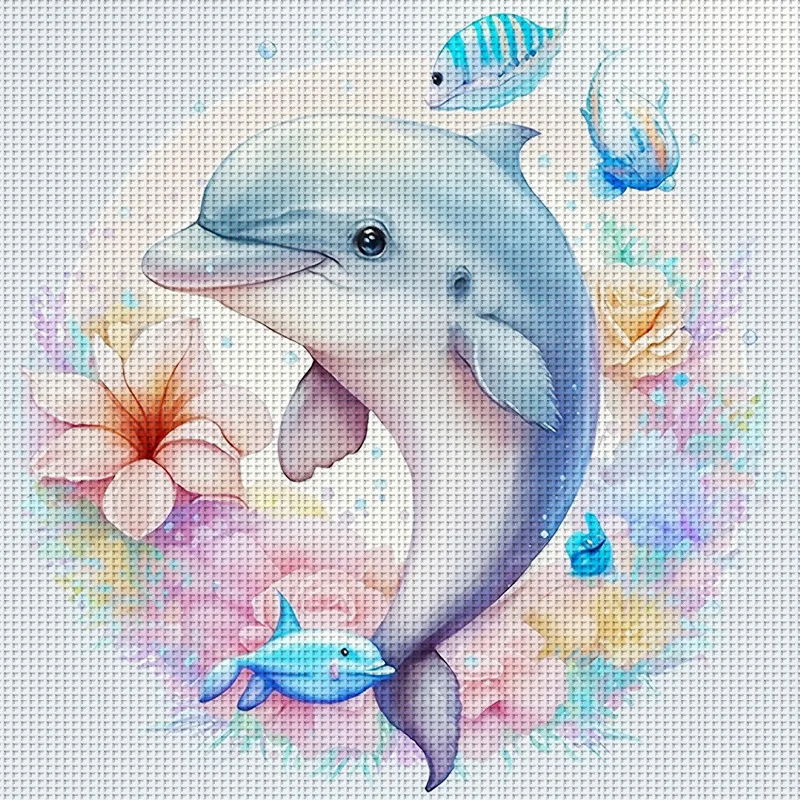 

Floral Dolphin Baby Cross Stitch Kit DIY 11CT Embroidery Home Wall Decor Gift Handmade Material Frameless Semi-Finished 46×46cm