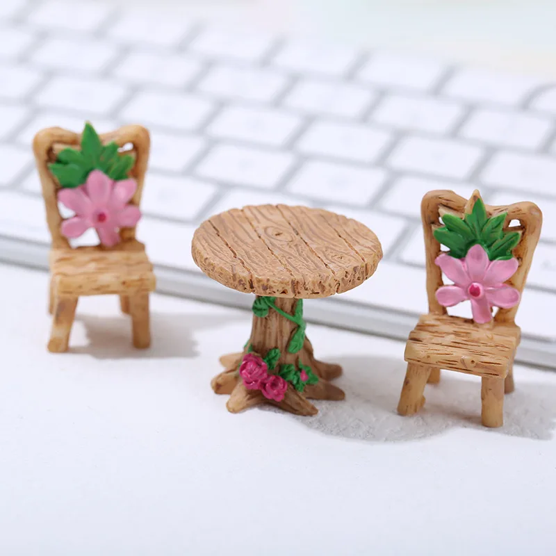 New 5 Sets Resin Furniture Cabochons Lovely Simulated Table and Chairs with Pink Flowers 3D Decoration Accessories for Christmas