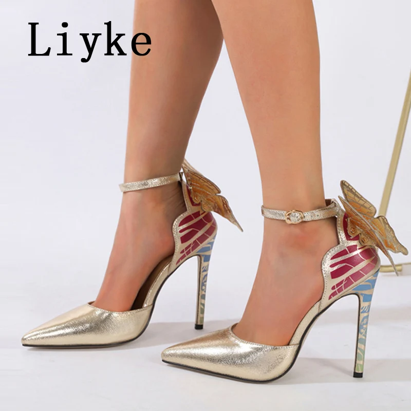 Liyke Fashion Design Big Butterfly Women Pumps Cozy Leather Pointed Toe Wedding Banquet Shoes High Heels Mules Stiletto Sandals