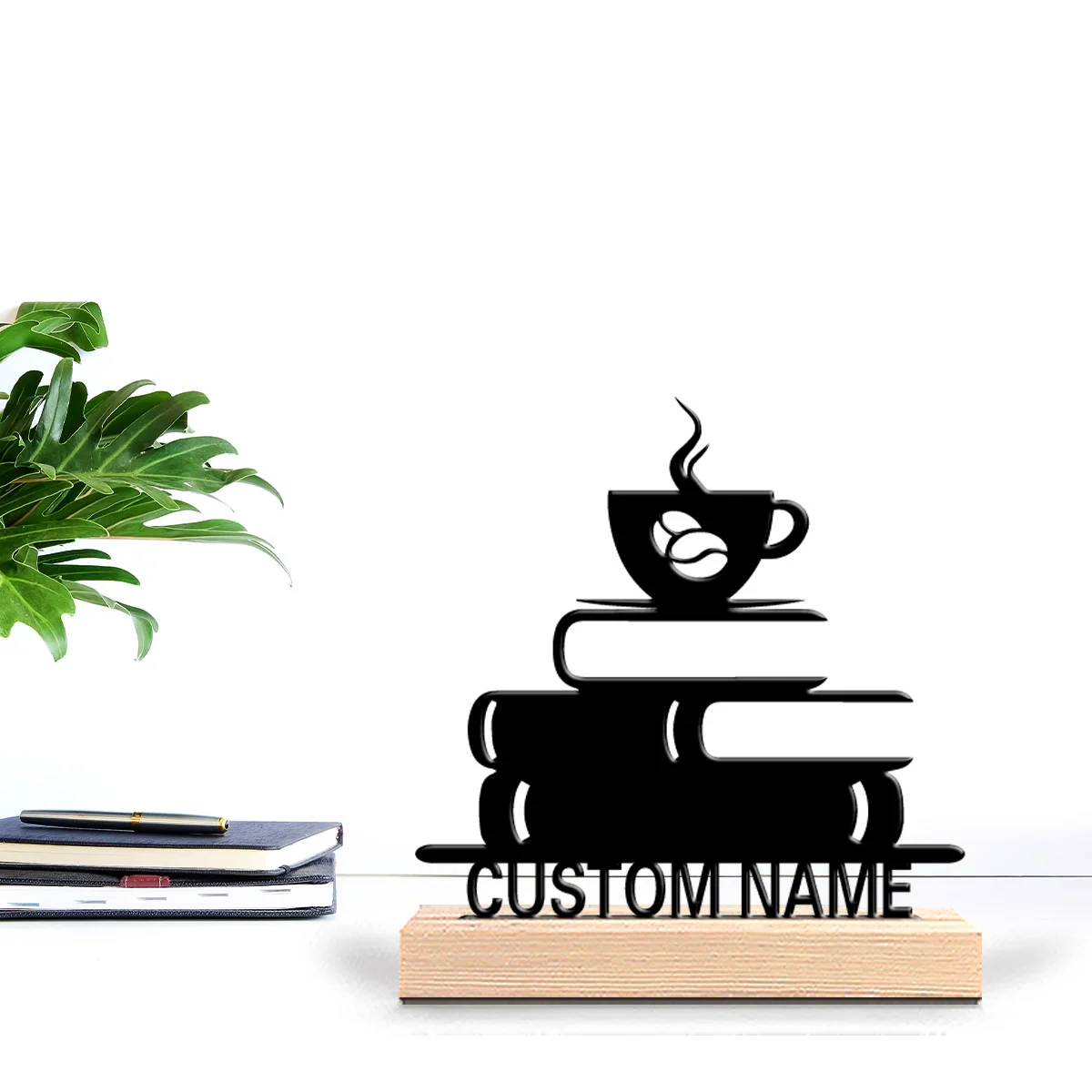1pc Stylish Personalized Custom Books and Coffee Metal Statues Wooden Frame Wall Decor for Living Room, Bedroom, Eclectic, Myst