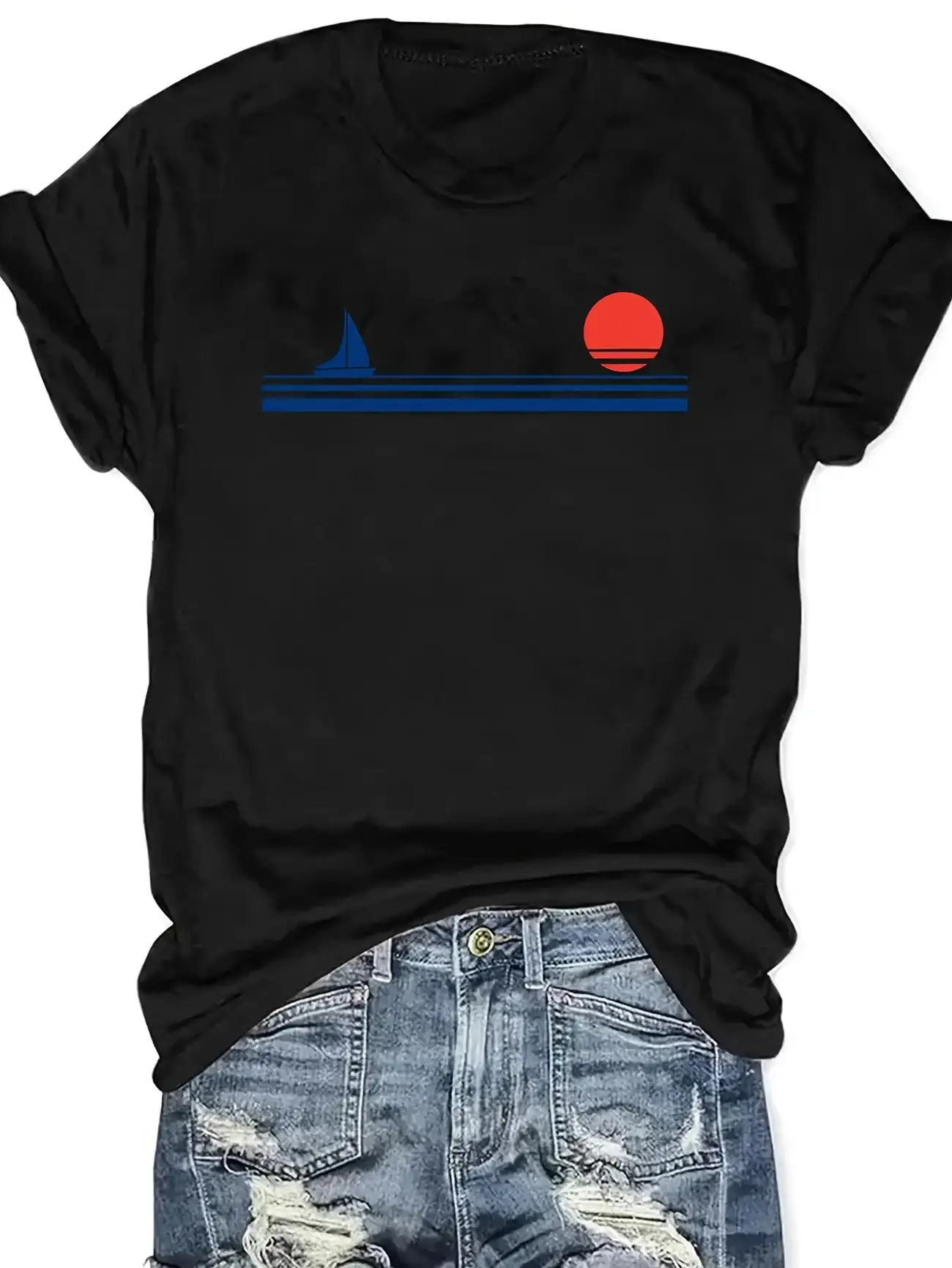 

Plus size women's short sleeve T-shirt Sailboat Horizon Sun Lines Label Everyday comfortable and versatile style summer outfits