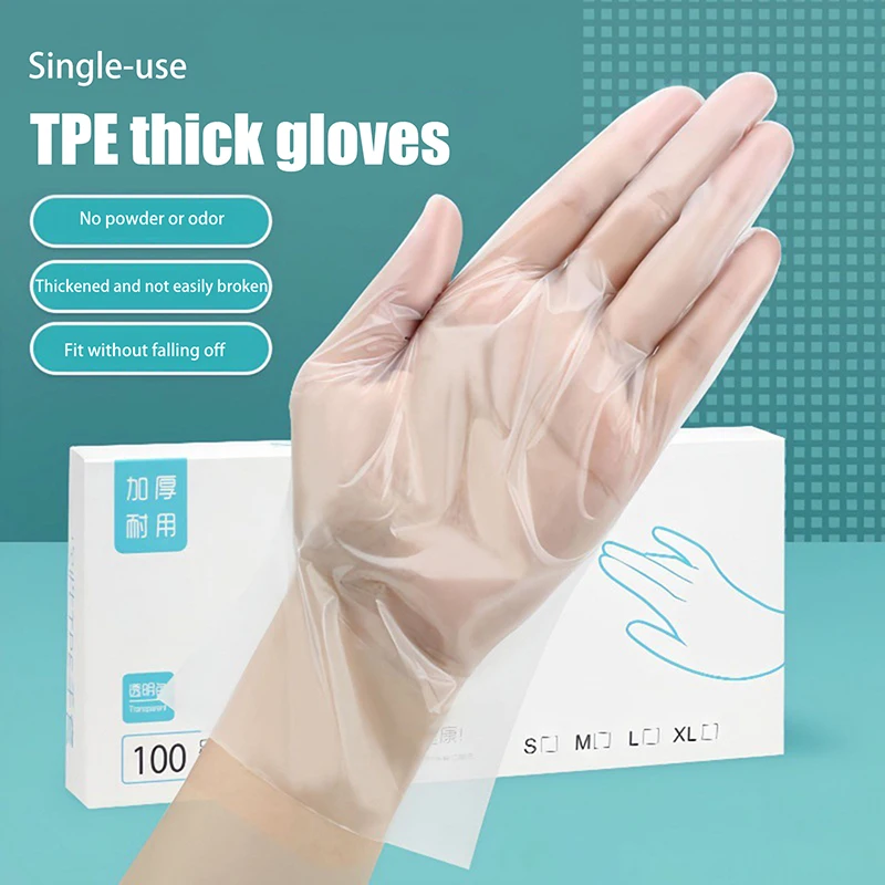 100Pcs Latex Free Gloves TPE Disposable Gloves Transparent Non-Slip Acid Work Safety Food Grade Household Cleaning Gloves