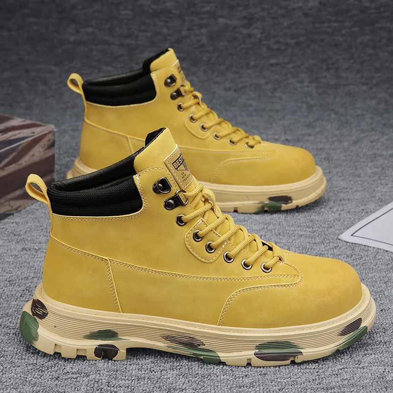 

Fashion Yellow Ankle Boots Men 2024 Autumn High top Men's Leather Boots Outdoor Work Shoes Men Motorcycle Boot botas masculino