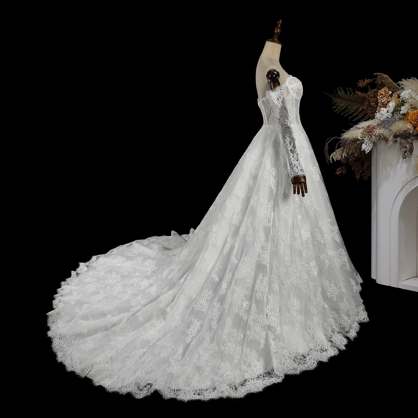 Sharon Said Elegant A Line Wedding Dress Off Shoulder Sweetheart Long Sleeve Corset Floral Applique Bridal Gown SW760 Customized