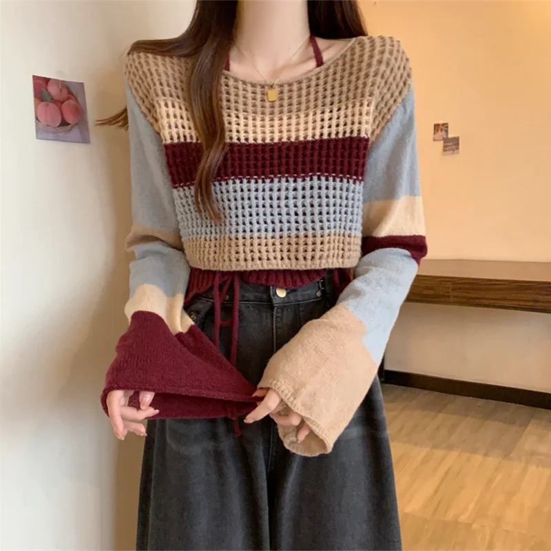 Women Spring Autumn Stripe Short Sweater Halter Vest Two Piece Set Lady Fashion Hollow Out Knit Tops 2024 New Knitwear Female