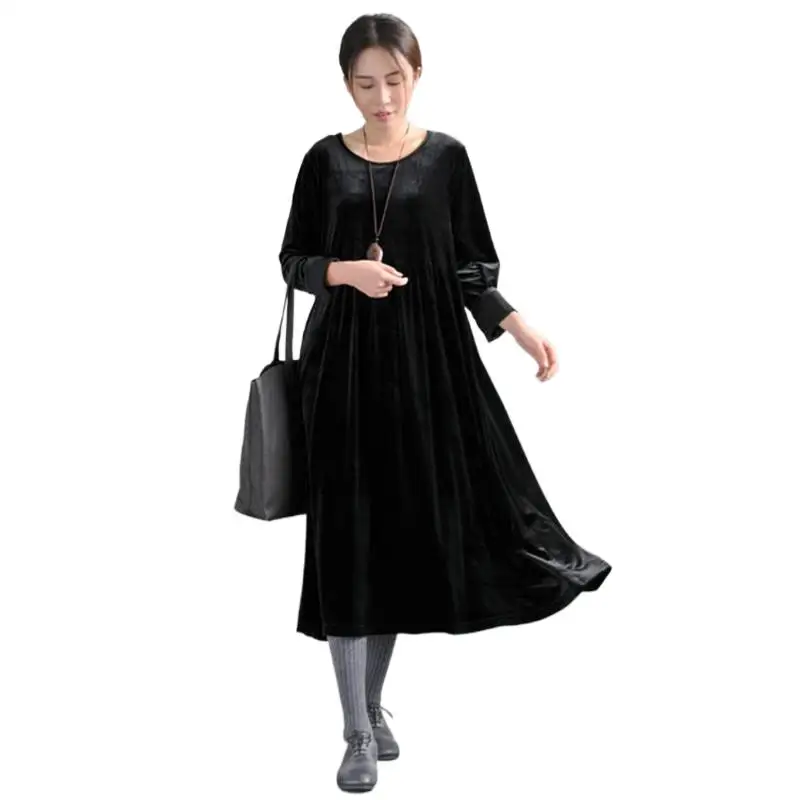 

New Autunm women high waist loose casual velour dress Elegant vintage winter velvet dress Vestido plus size women clothing M-7XL