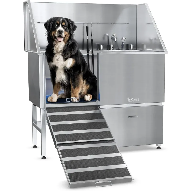 Professional Stainless Steel Dog Bathing Station - Dog Grooming Tub w/Ramp, Storage Drawer, Floor Grate & Faucet/Dog Bathtub