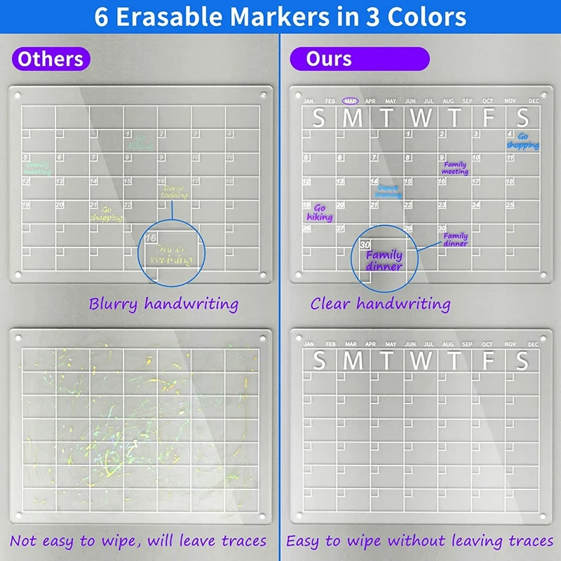 Acrylic Dry Erase Board Set For Fridge, Clear Monthly Calendar 6 Pens & Pen Holder, Refrigerator Planner Board