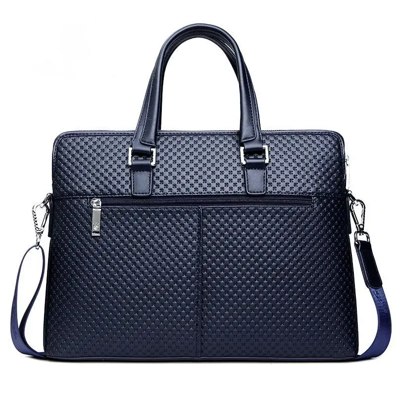 Briefcase Embossed Cross Pattern Men's Handheld Business Shoulder Crossbody Messenger Luxury Brief Genuine Leather Men Bag
