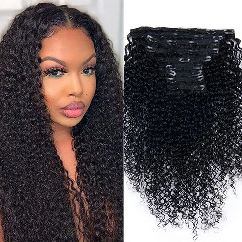 Afro Kinky Curly Clip in Human Hair Extensions 8Pcs 100gram Natural Color Curly Clip in Extensions Brazilian Hair