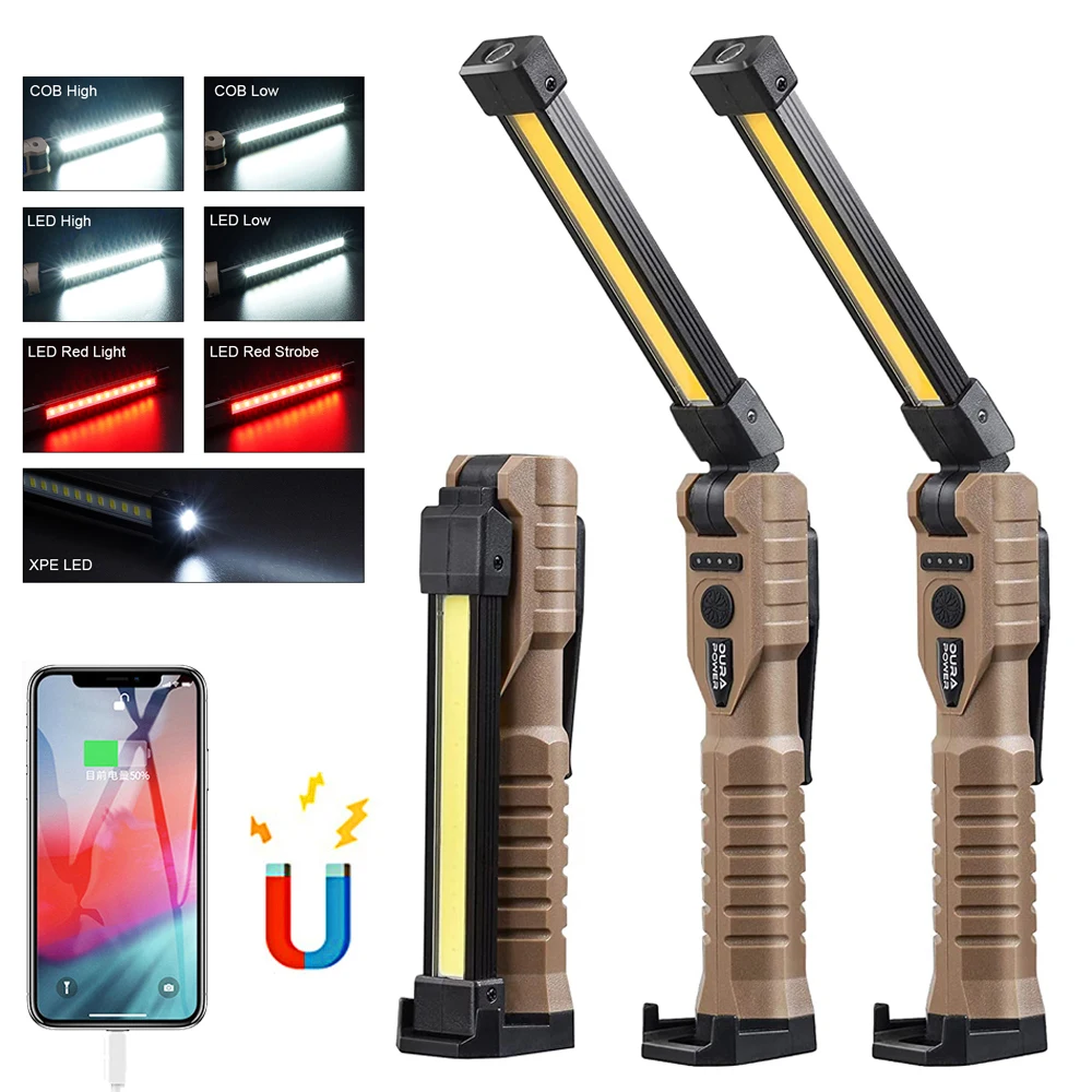 Foldable COB Work Light Portable Camping Flashlight Rechargeable Magnetic Hook Searchlight Emergency Powerbank BBQ Repaire Torch