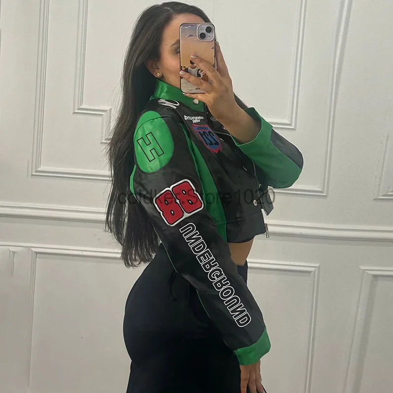 Nová dámská módní hipster bunda s potiskem písmen Y2K, hipsterské motocyklové bundy, jarní a podzimní jednořadý ležérní kabát - náhled 3