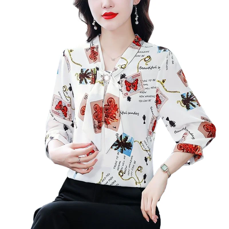 Spring Summer Commute Blouse Stylish Printed Blouse Female Elegant V-Neck Drawstring Bow Chic Three-dimensional Decoration Shirt