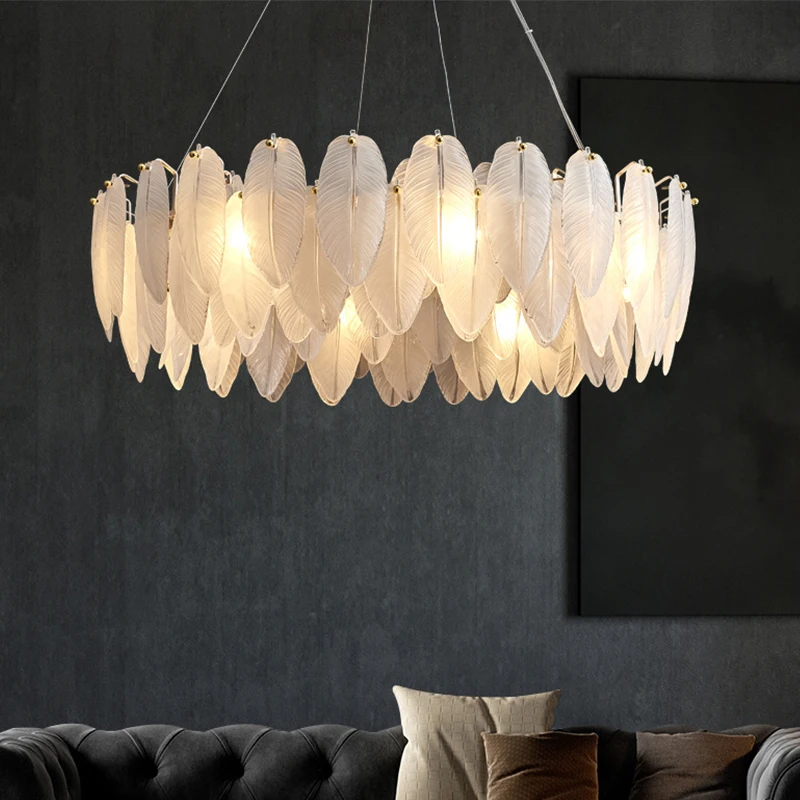 

Post Modern Feather Glass Art Chandelier For Living Room Bedroom Model Dinnning Room Luxury Hanging Light Round Golden Lamp