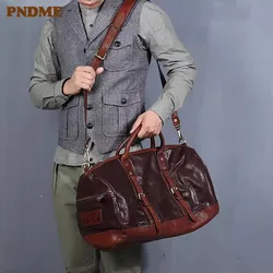 PNDME fashion vintage high quality genuine leather men's women's travel bag outdoor real cowhide large capacity crossbody bag