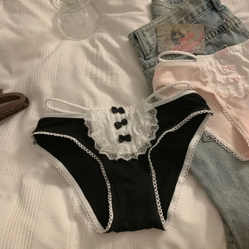 女性のローウエスト通気性ピンクかわいい綿パンティー快適な学生ブリーフ甘い弓セクシーなレースの下着