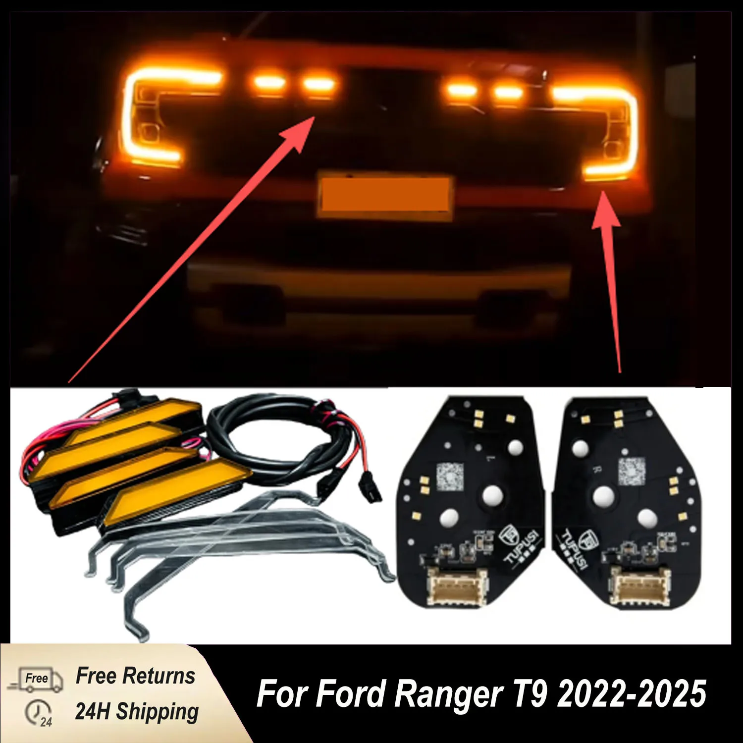 Replace Amber Grid Lights Daytime Running Light Kit for 2022 2023 2024 2025 Ford Ranger Lariat Raptor T9 LED Lighting DRL Boards