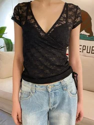 Women Black Lace Transparent Drawstring Crop Top 2024 Summer Short Sleeve V-Neck Thin T-shirt Female Casual Vintage Tees Tops