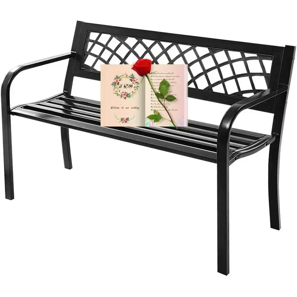 Sturdy Outdoor Metal Garden Bench with Armrests, 480lbs Capacity, Cast Iron, Black