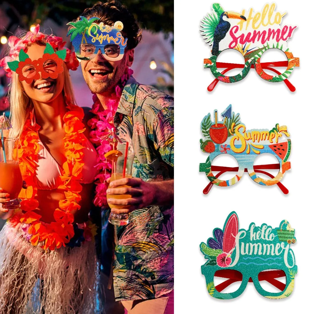 Summer Hawaii Glasses Frame Tropical Theme Party Decorations Flamingo Coconut Tree Photo Booth Props Happy Hawaiian Party Decor