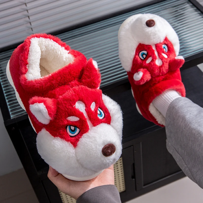 2024 Winter Slippers home Couple Cute Husky Plush Fluffy House Indoor Shoes anti slip warm furry chinelo femin New big size 46