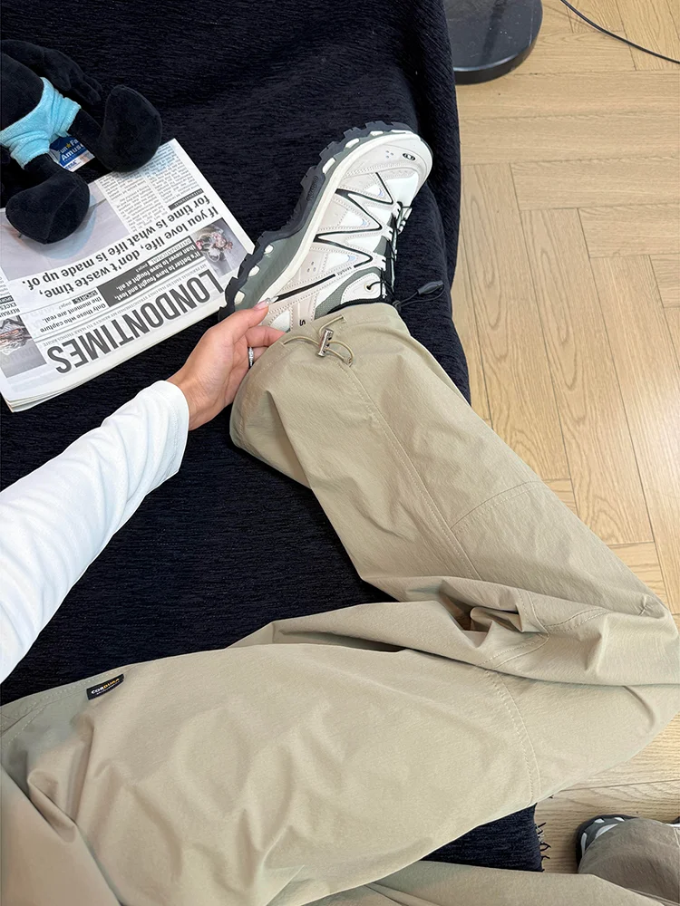 بنطلون نايلون كاكي سريع الجفاف للنساء، بنطلون رياضي فضفاض مستقيم للمشي لمسافات طويلة، مريح وقابل للتنفس