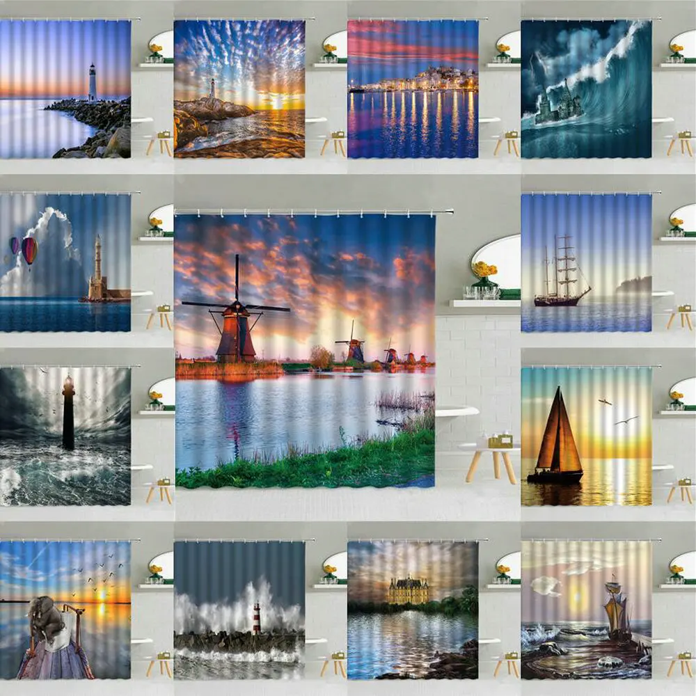 

Dutch Windmill Seaside Dusk Scenery Shower Curtains Lighthouse Sea Waves Sailboat Bathroom Decor Waterproof Fabric Curtain Set