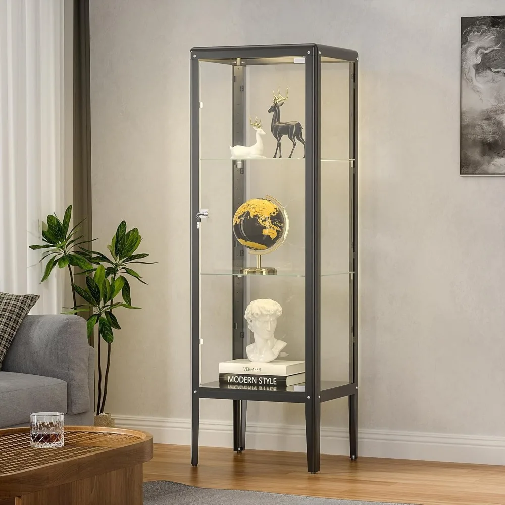 Display Cabinet with Adjustable 3 Shelves, Glass Cabinet with Lock and Door, LED Lights, Metal Storage Display Cabinet