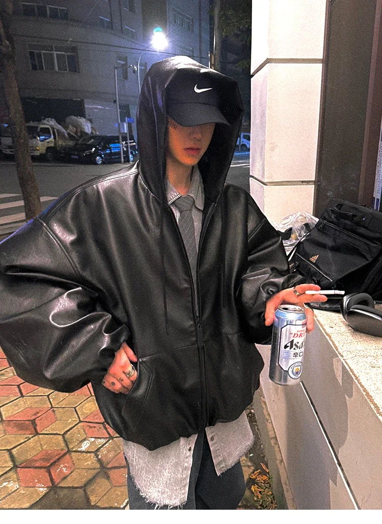 Frühling Herbst Kurze Übergroße Schwarze Weiche PU-Lederjacke für Männer mit Kapuze Reißverschluss Locker Lässig Koreanische Modekleidung – Detail 12