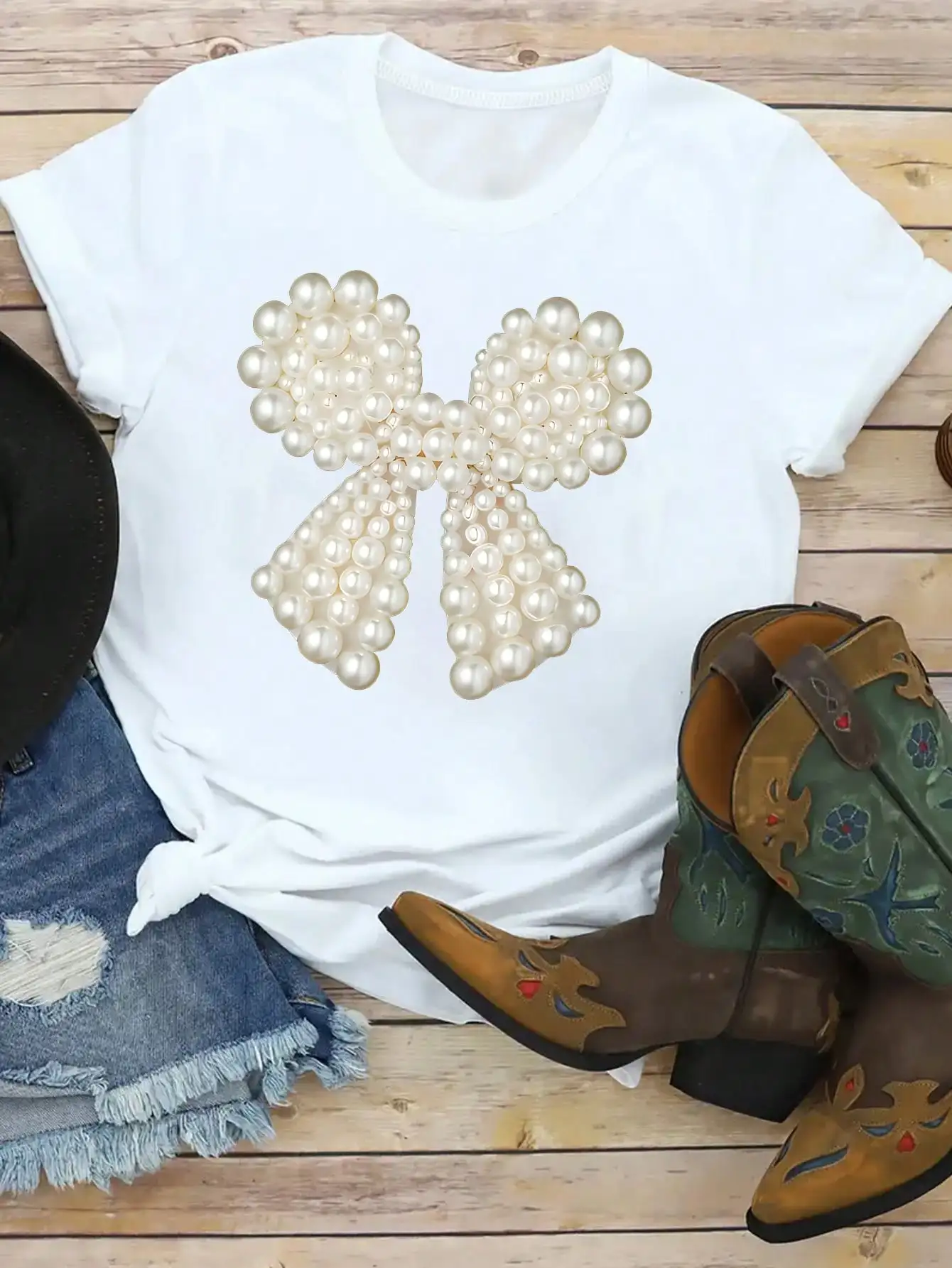 Camiseta a la moda con estampado de lazo de perlas para mujer, sencilla y elegante, informal y versátil, esencial para usar un temperamento elegante