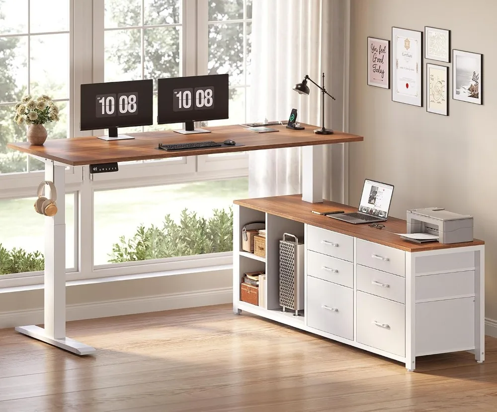 L-Shaped Electric Standing Desk 55x55 with 6 Drawers, Sit Stand Office Desk with Power Outlet