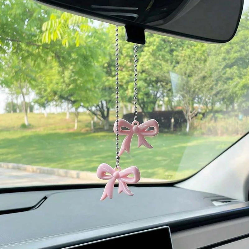 Car Rearview Mirror Pendant Sleek Stainless Steel Beaded Chain Decorative Fashion Bow Hanging Pendant Gift Hanging Accessories