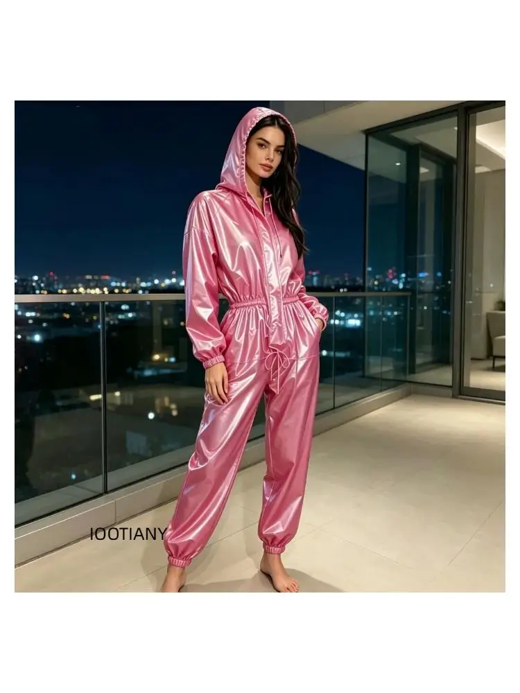 Damen PVC-Anzug mit Kapuze, wasserdicht, atmungsaktiv, Clubwear, Cosplay, Party, Bühnenkostüm 2026