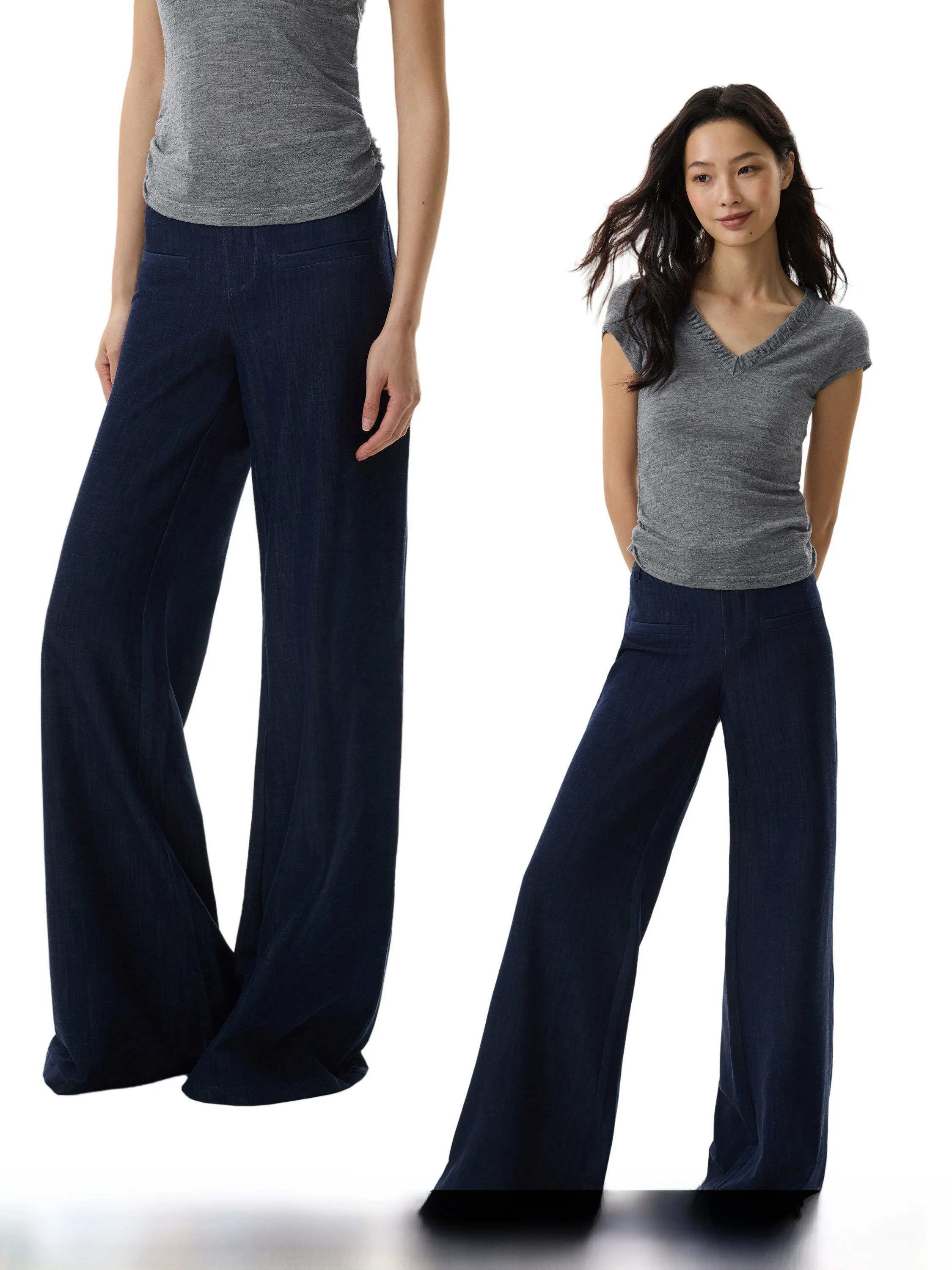 Deep Blue Silk Floor-Length Casual Pants Women's Low Waist Wide Leg Straight Long Trousers Summer New Style GOGOBURN