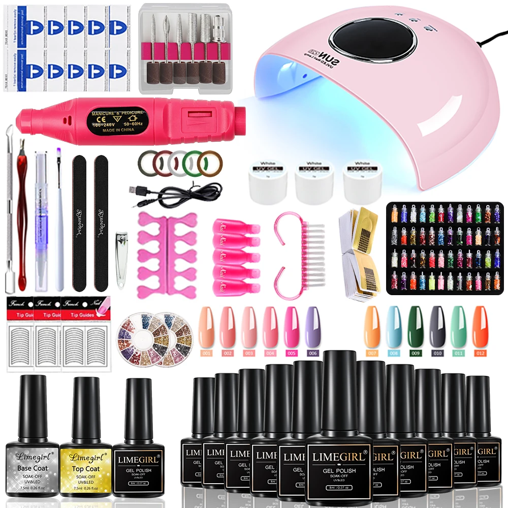 Limegirl Semi-Permanent Nail Kit 12 Colour 8ml Nail Complete Kit With 18 UV/LED Nail Lamp Nail Dill Machine for Home Nail Salon