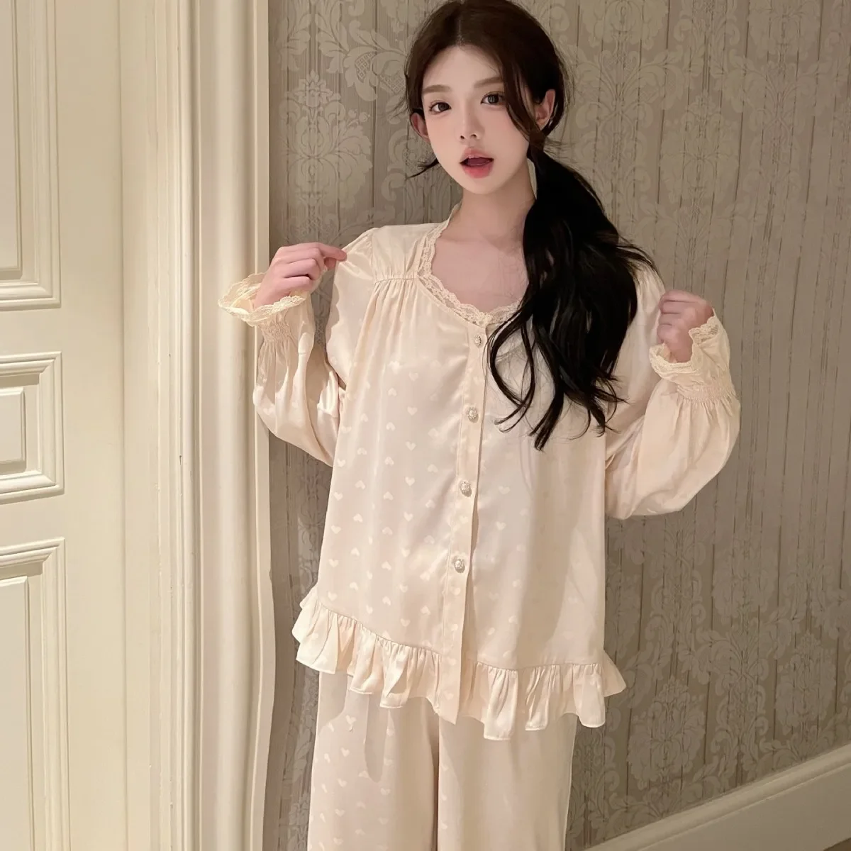 

Сексуальный кружевной пижамный костюм с v-образным вырезом, женская домашняя одежда, ночная рубашка с шелковыми пятнами, 2 предмета, домашняя одежда, летняя одежда для сна, рубашка с длинными рукавами и брюки