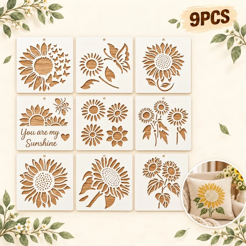 9Pcs Sunflower Butterfly Stencils Reusable PET Stencils for Painting Floral Craft Templates Wall Wood Fabric Pillow DIY Decor