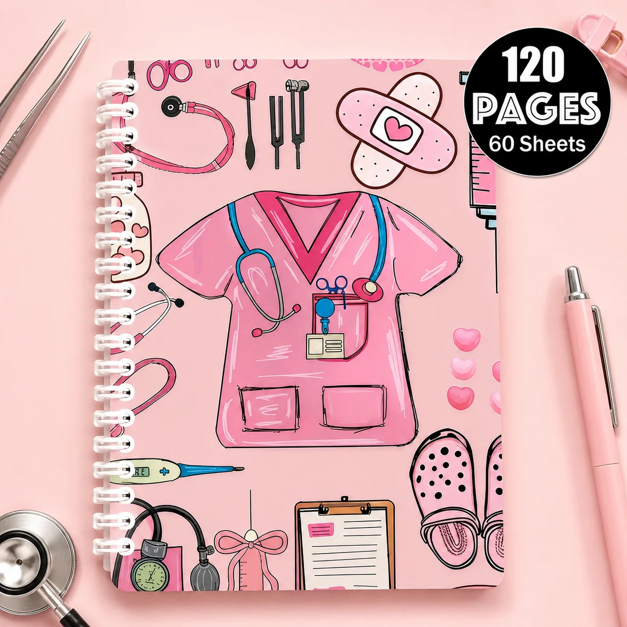 Nurse Theme Spiral Notebook, Cute Pink 120-Page Portable Journal for Nurses Students Notes Work Planning