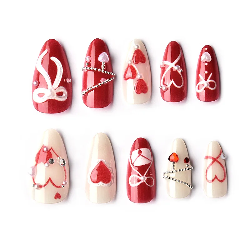 

24PCS Polka Dot Strawberry Bow Press on Nails Almond Black French Tip Fake Nails with Pearl Strap Design Luxury False Nails 네일