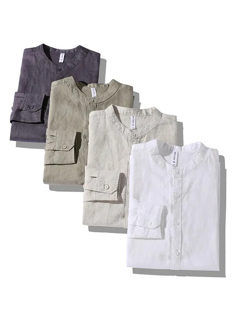 

Высококачественная льняная рубашка с длинным рукавом, легкая, дышащая, комфортная, повседневная, с воротником-стойкой, мужская летняя рубашка, модная, молодежная...