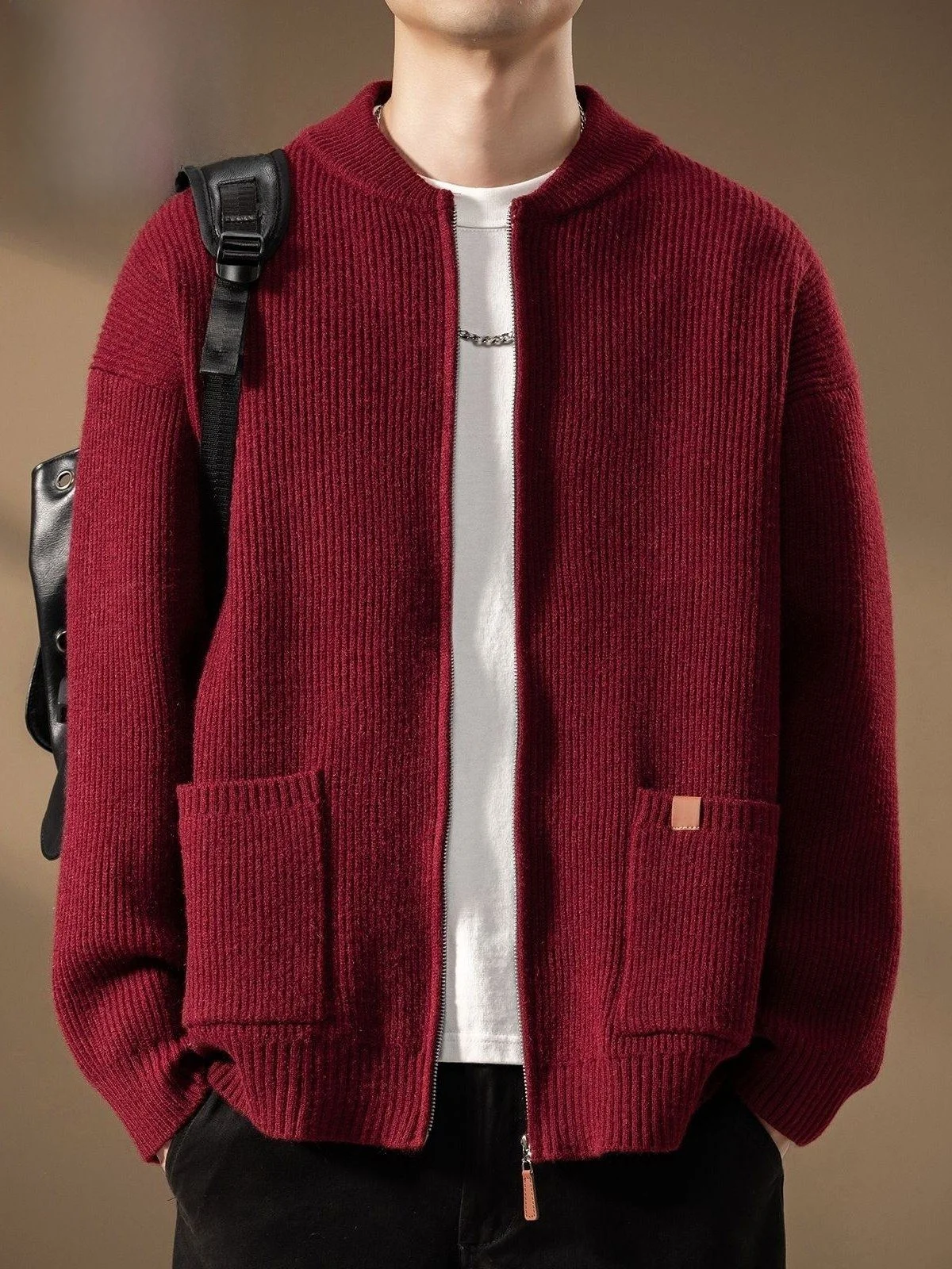 

Мужской вязаный кардиган Pierre Cardin, повседневный, зимний, с длинным рукавом, воротником-бомбером, утепленный, осенне-зимний, красный, к Новому году